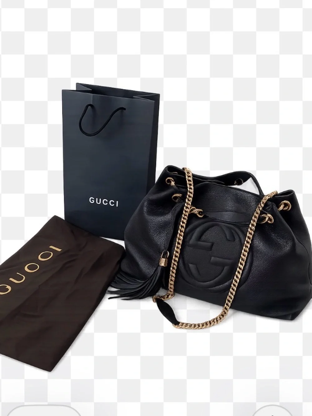 Gucci interlocking GG Black Soho Leather Shoulder Bag with Gold Chain and Tassel